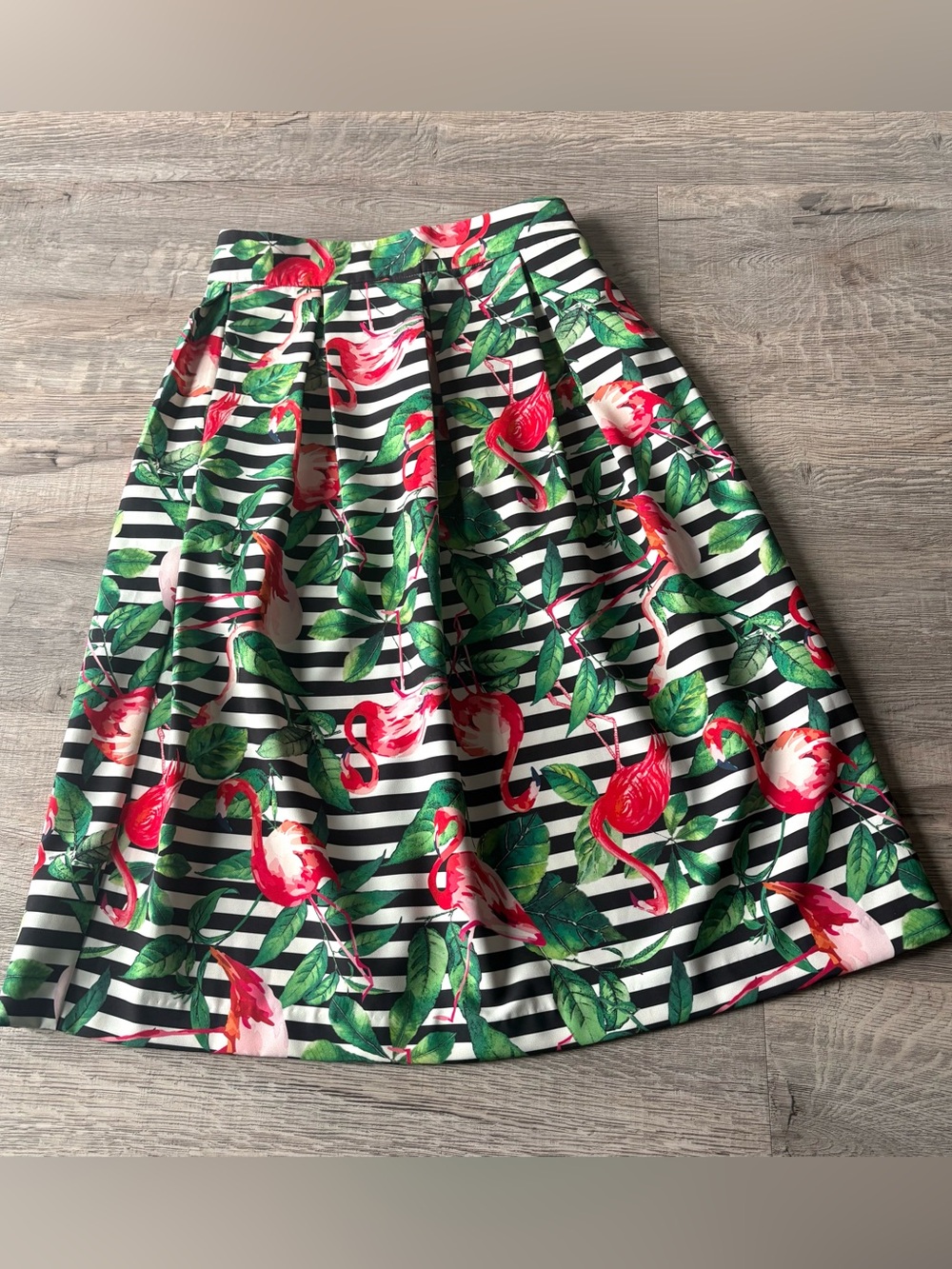 Flamingo Print Pleated Skirt in Black & White Stripe
